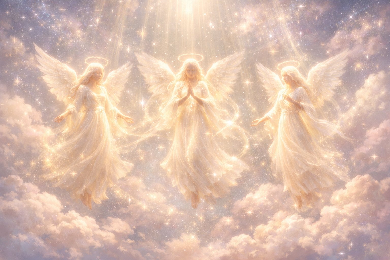 Three glowing angelic figures floating in a soft, starry sky surrounded by gentle light and clouds.