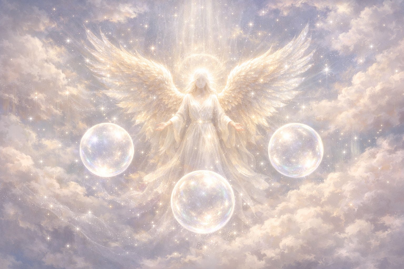 A glowing angel with large wings surrounded by three floating luminous orbs in a misty, starry sky.