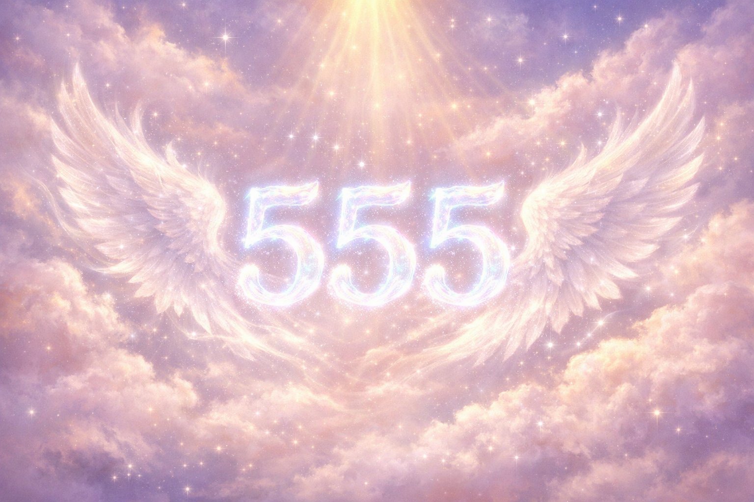 A glowing number 555 made of light floats in a pastel-colored sky with angelic wings and soft clouds surrounding it.