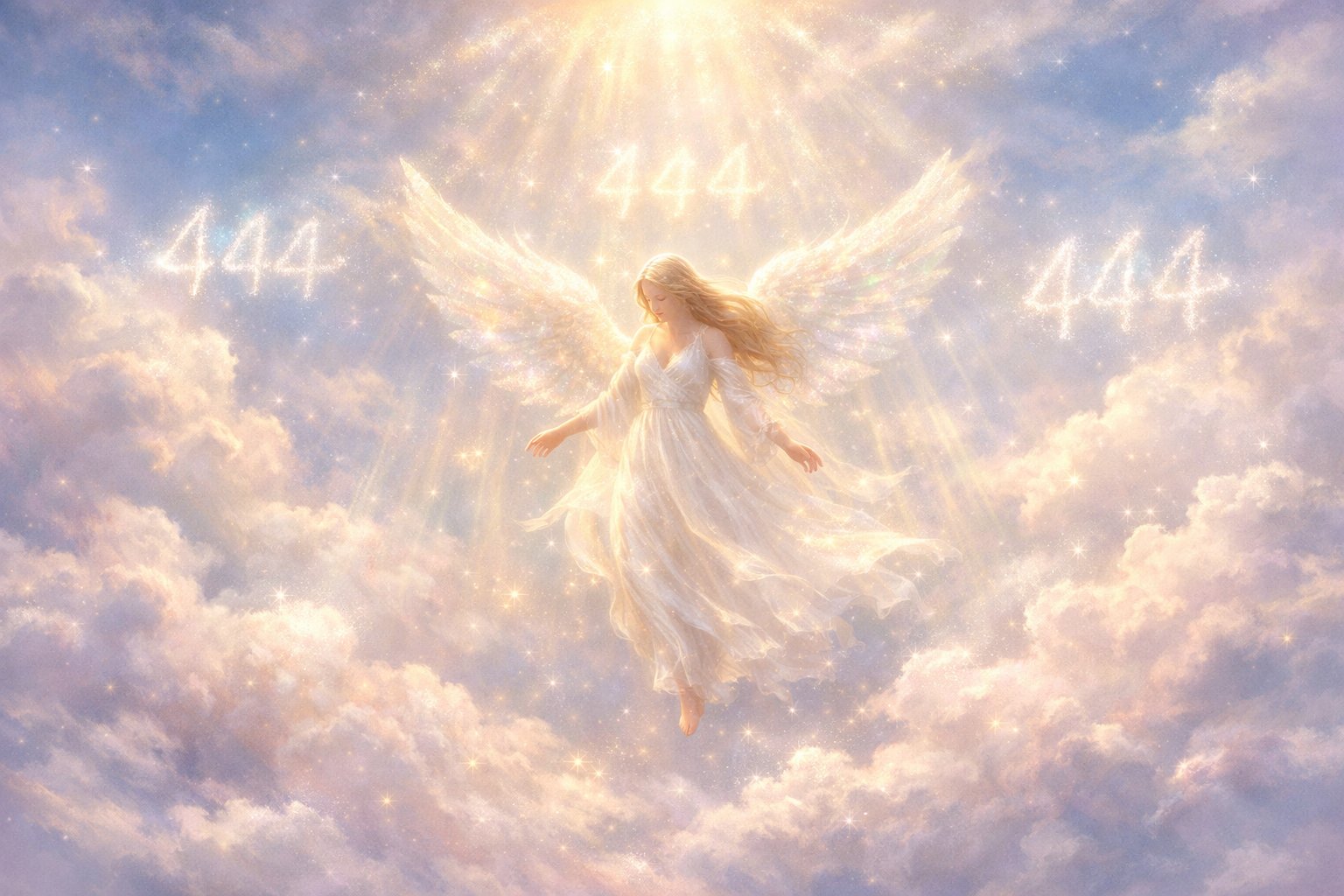 An angel with glowing wings floats peacefully among soft, glowing clouds under a pastel sky, surrounded by faint glowing light symbols.
