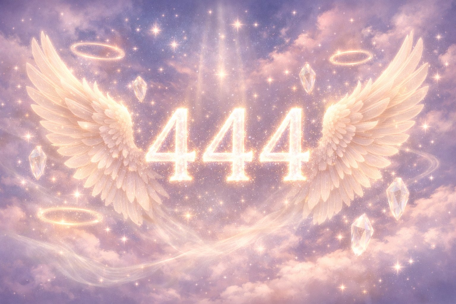 A glowing number 444 surrounded by angel wings floating in a soft, colorful sky with stars and light beams.